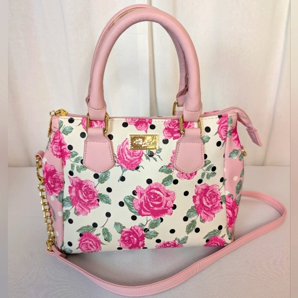 Betsey Johnson Pink Rose And Polka Dot Floral Handbag Tote Satchel EUC - Picture 1 of 12
